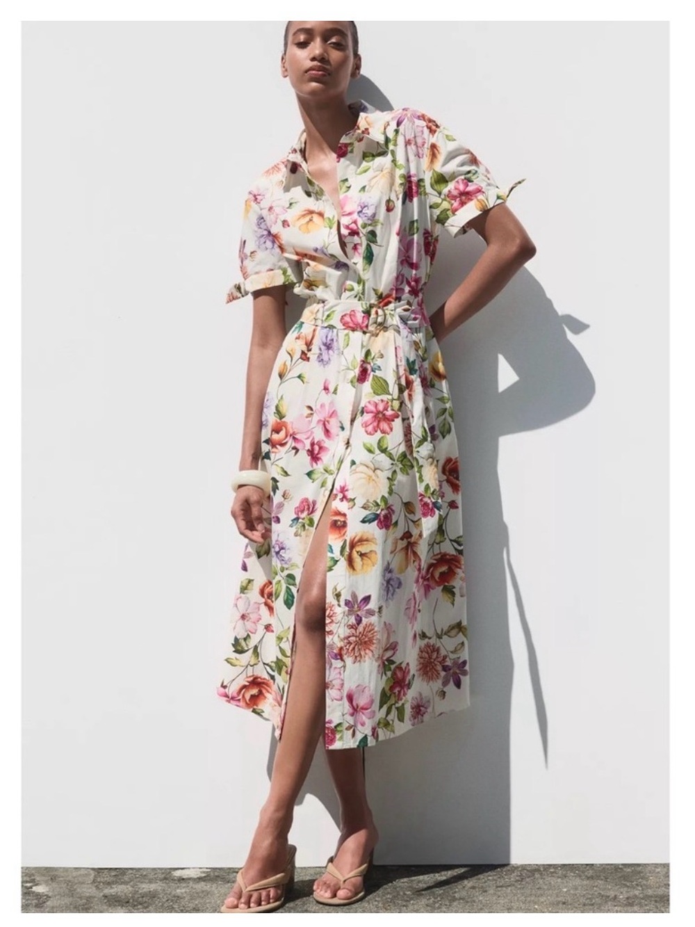 ZARA BELTED FLORAL PRINTED POPLIN MIDI SHIRT DRESS NEW W/TAGS